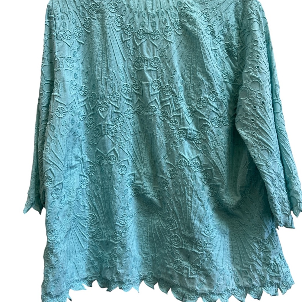 Soft Surroundings Aqua Embroidered Cotton Blouse L Boho Coastal Grandma - Picture 3 of 6
